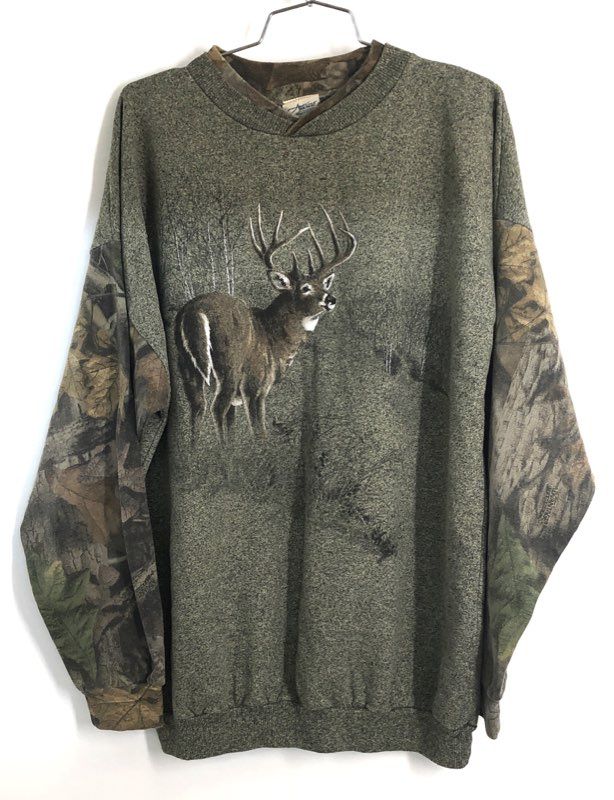 Vintage 90s Artisans Men's Green Deer Buck Camo Sleeve Sweatshirt Made USA