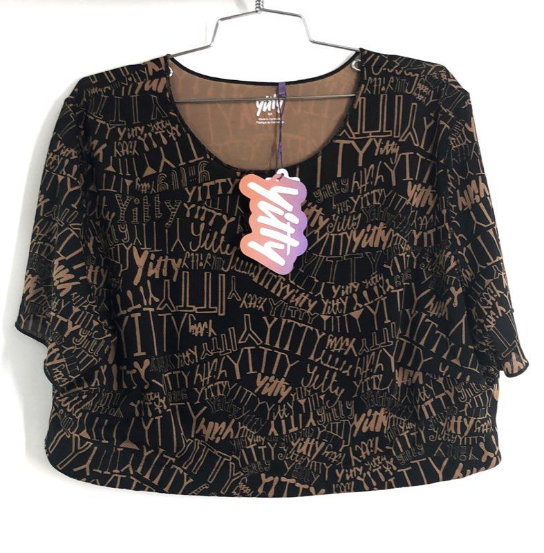 Yitty Lizzo Women's Smoothing Midi Top Black Tan Logo Print Mesh NWT Sz 6X