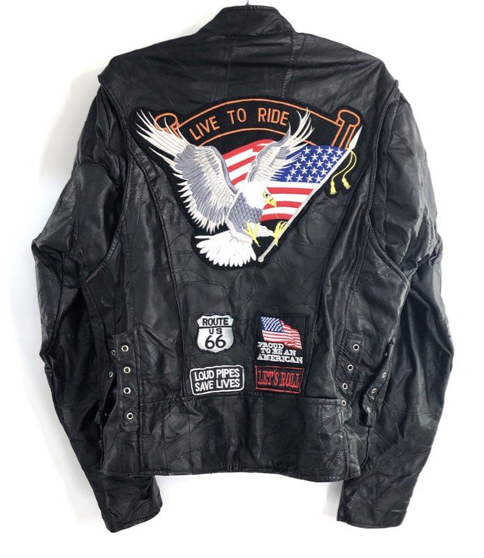 Vintage Diamond Plate Buffalo Leather Biker Motorcycle Jacket Patches Sz M