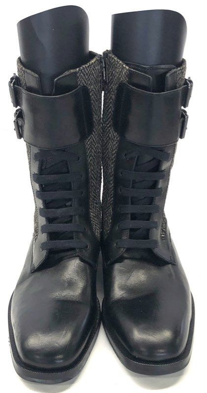Hugo Boss Black Leather Tweed Double Buckle Combat Boots Made in Italy Sz 41
