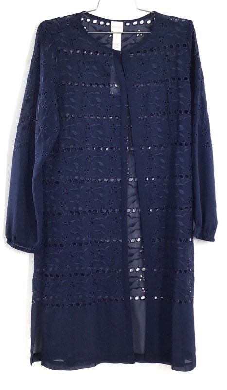 Chico's Women's Navy Blue Eyelet Broderie Anglaise Open Front Topper Jacket Sz 0