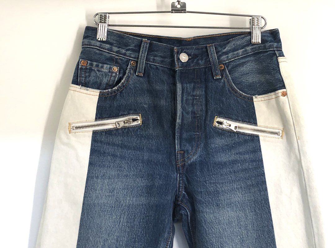 Levi's Women's Custom Reconstructed 501 Jeans Blue White Yellow Colorblock Sz 26