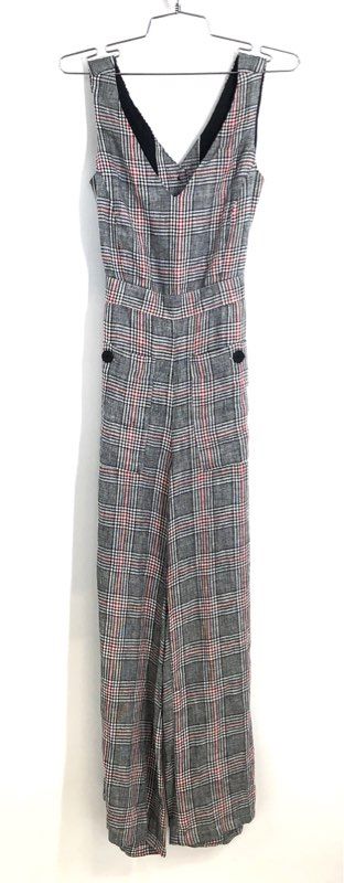 Mango MNG Casual Women's Plaid Wide Leg Jumpsuit Cutout Button Back XXS