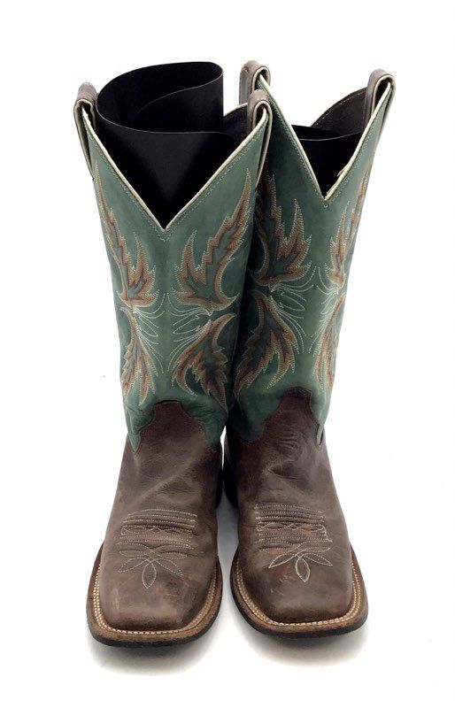 Justin BRL335 Bent Rail Chocolate Blue Cowhide Western Boots Size 7.5B