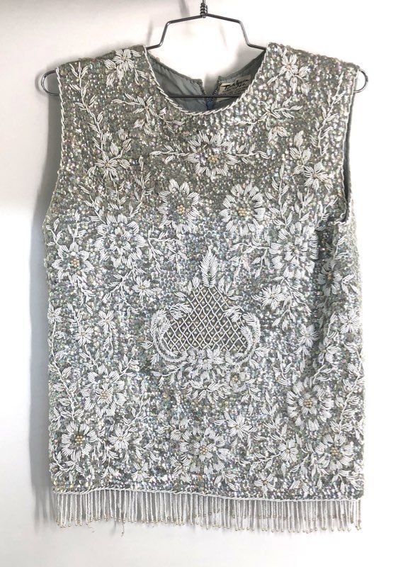 Vintage 60s Tack Yuen Hand Beaded Sequin Floral Fringe Sleeveless Top Sz M
