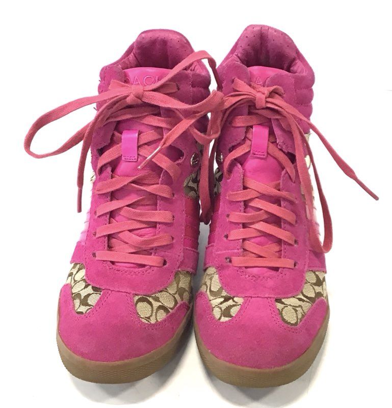 Coach Alara Signature Jacquard Hot Pink Suede Wedge Heel Sneakers Size 7M