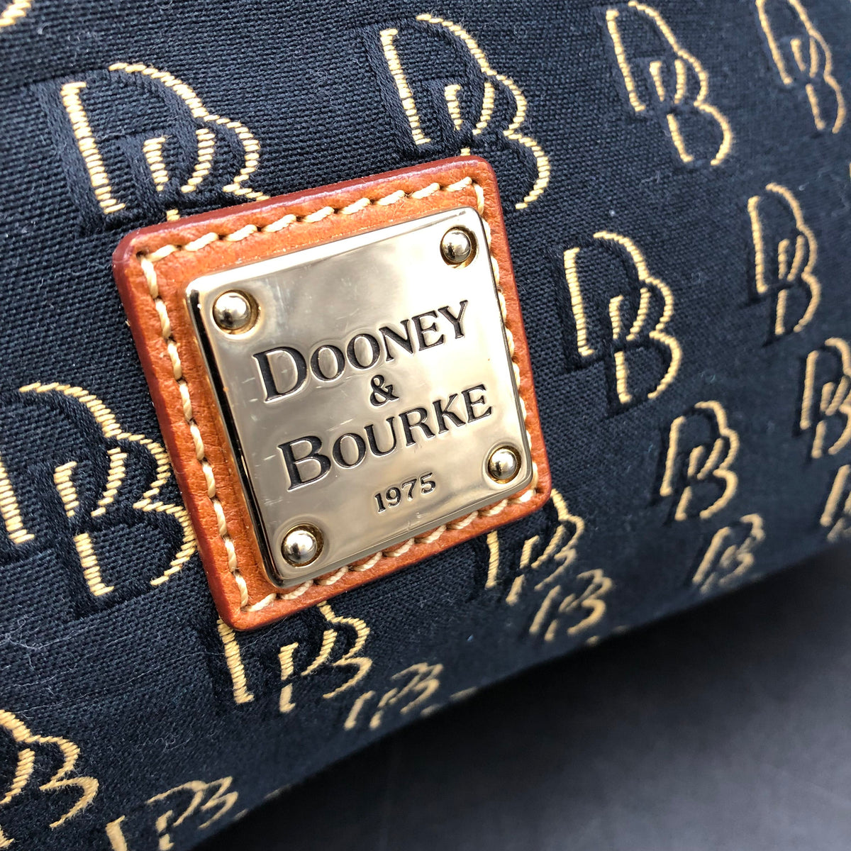 Dooney & Bourke Black Canvas Signature Satchel Shoulder Bag Brown Leather COA