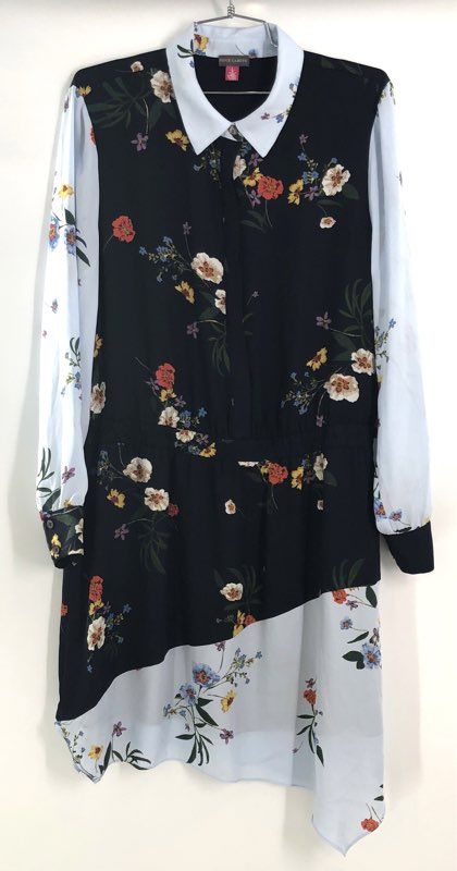 Vince Camuto Women's Floral Colorblock Shirt Dress Caviar Black NWT Sz L