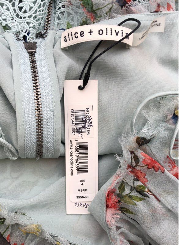 NWT alice + olivia Women's Clyde Floral Tiered Ruffle Lace Mini Dress Sz 4