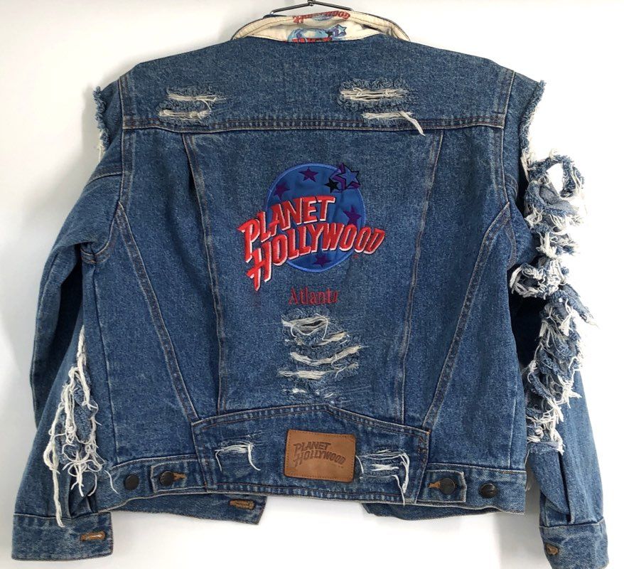 Vintage 90s Planet Hollywood Atlanta Denim Jacket Distressed Embroidered Sz 10
