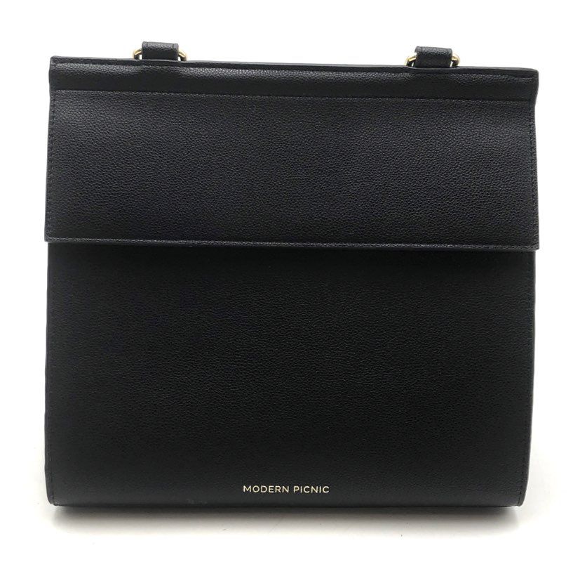 Modern Picnic Black Pebbled Vegan Leather Large Luncher Insulated Lunch Bag
