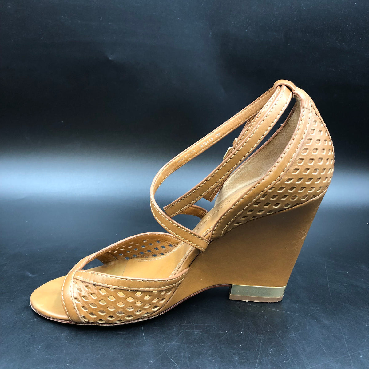 Tory Burch Gigi Light Brown Leather Peep Toe Wedge Sandals Size 7 COA