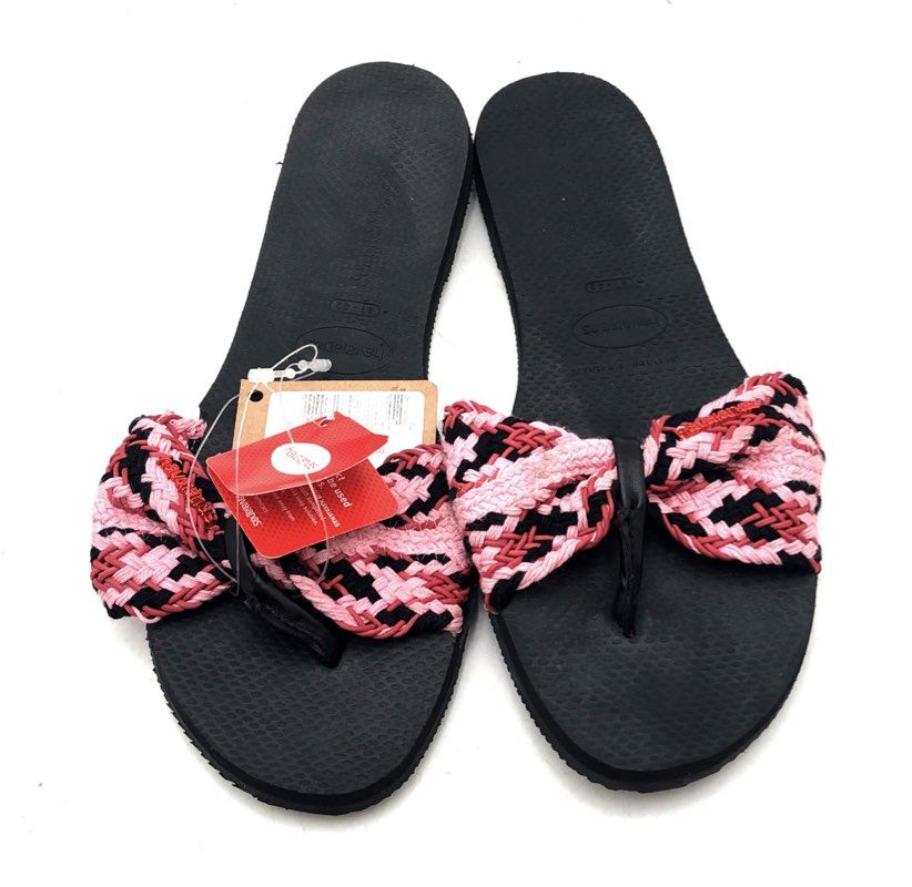 Havaianas Black Pink Woven Bow Flip Flop Sandals Women's Size 11/12W NWT