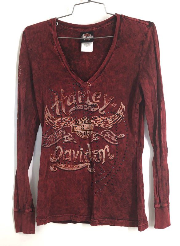 Harley-Davidson Red River Texas Studded V-Neck Long Sleeve Shirt Red Sz S