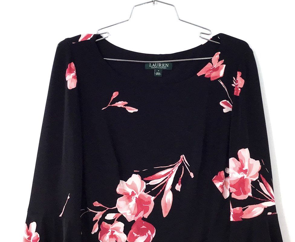 Lauren Ralph Lauren Women's Dress Black Pink Floral Bell Sleeve Sheath Sz 4 NWT