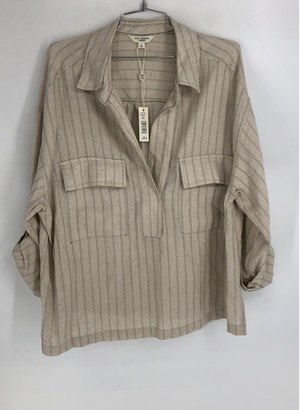 Max Studio Women's NWT Beige Striped Popover Tunic Roll Tab Sleeve Sz XL