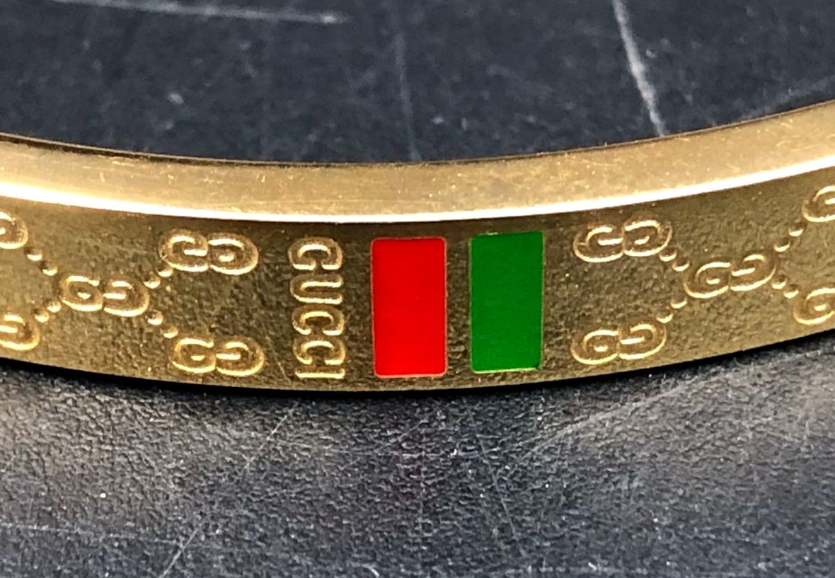 Lot of 2 Gucci Inspired Gold-Tone GG Bangle Bracelets Hinged Web Stripe