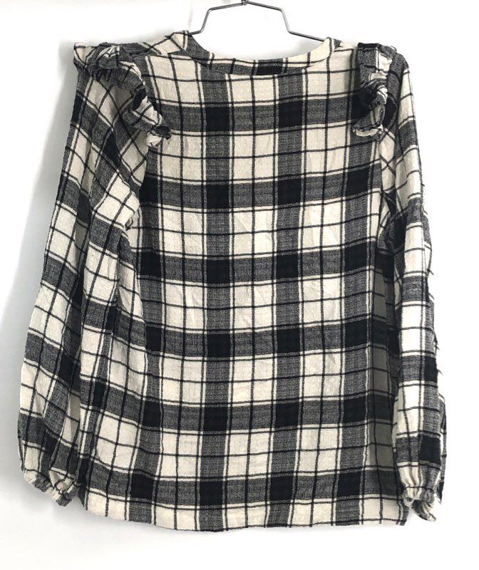 Marine Layer Women's Black White Plaid Ruffle V-Neck Long Sleeve Blouse Sz XS