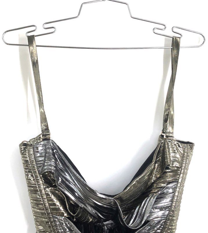 Sabina Musayev Women's Nibar Peplum Top Silver Metallic Pleated Sleeveless L NWT