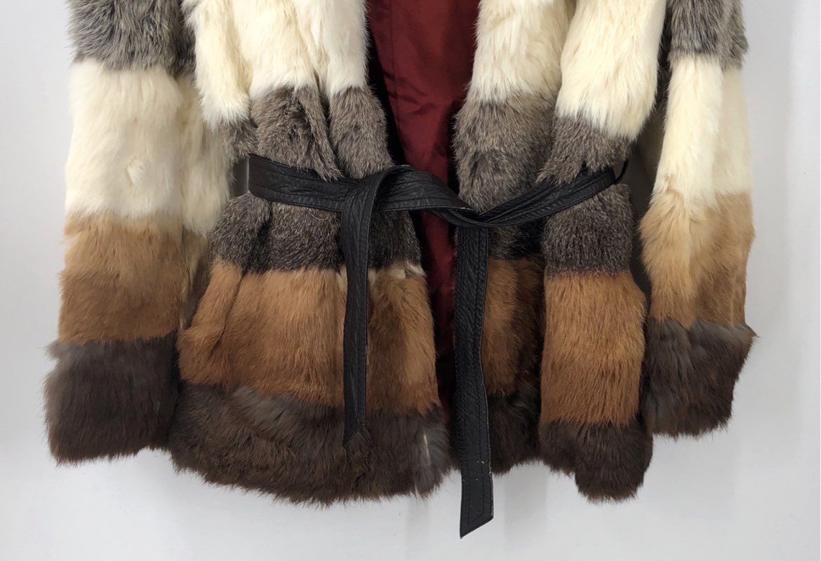Vintage 70s Patchwork Rabbit Fur Belted Jacket Coat Made in Korea Sz L