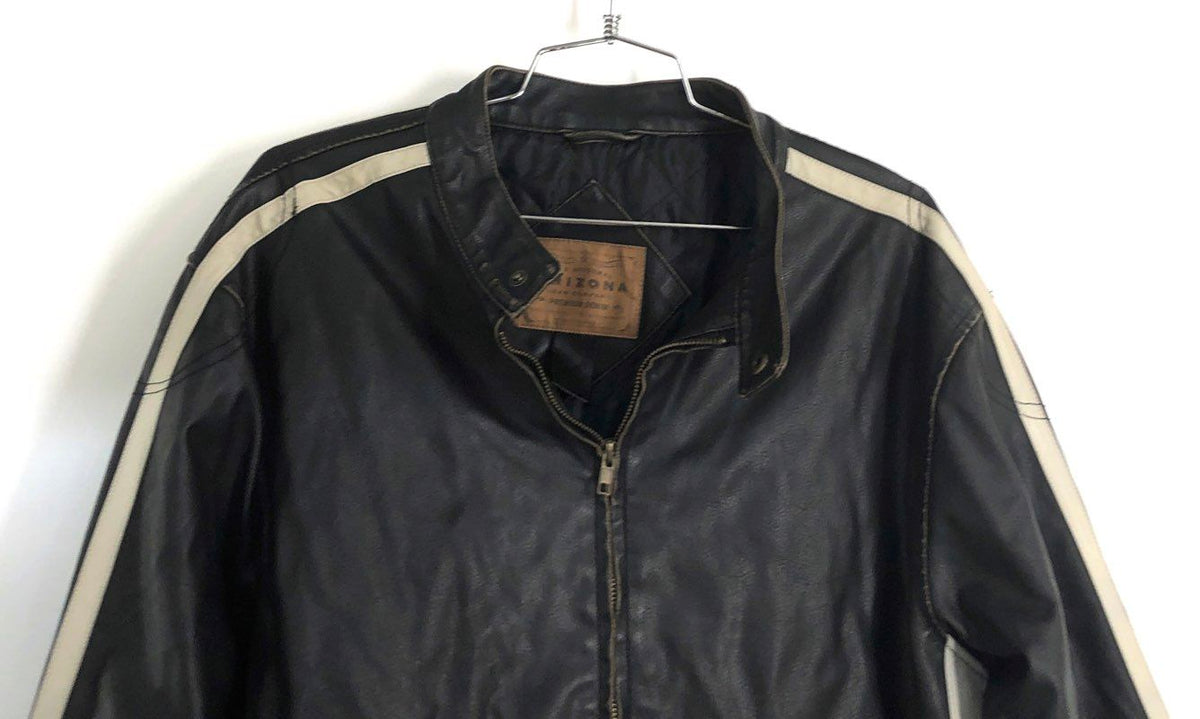 Arizona Men's Black Cream Stripe Faux Leather Cafe Racer Moto Jacket Sz L