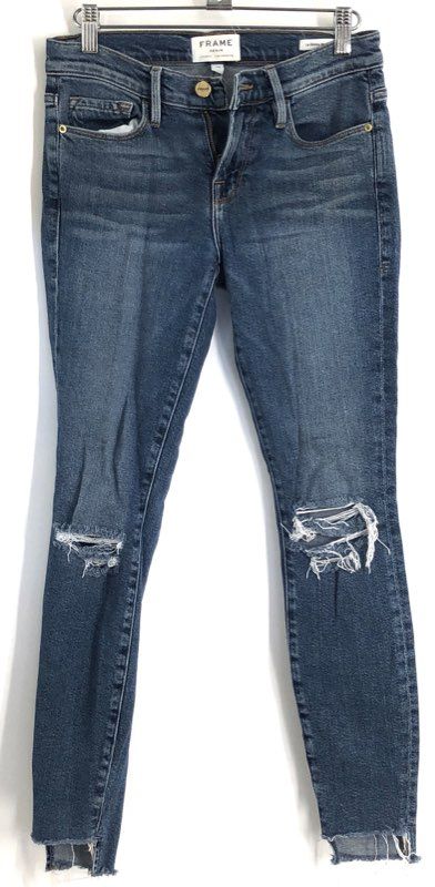 Frame Women's Le Skinny de Jeanne Blue Beckett Lane Distressed Raw Hem Jeans 24