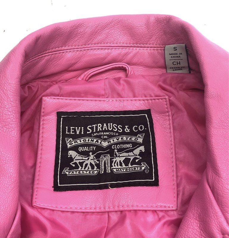 Levi Strauss Women's Pink Faux Leather Moto Biker Jacket Belted Coat Sz S NWT