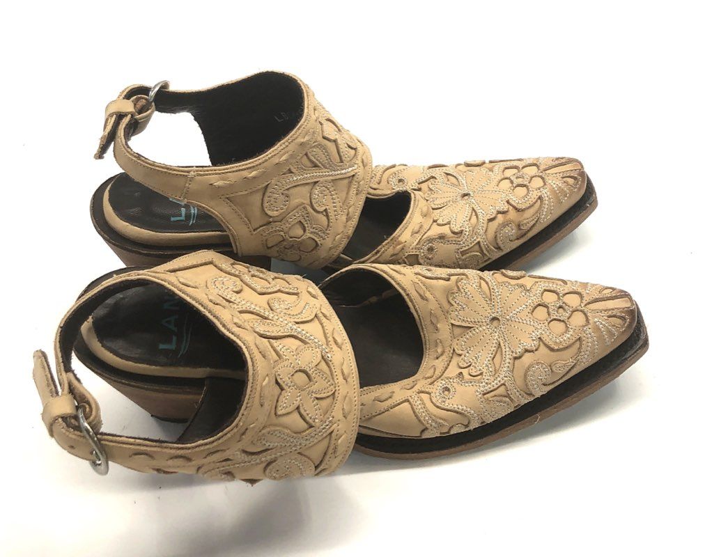 Lane Tan Floral Embroidered Leather Western Slingback Sandals Size 5.5