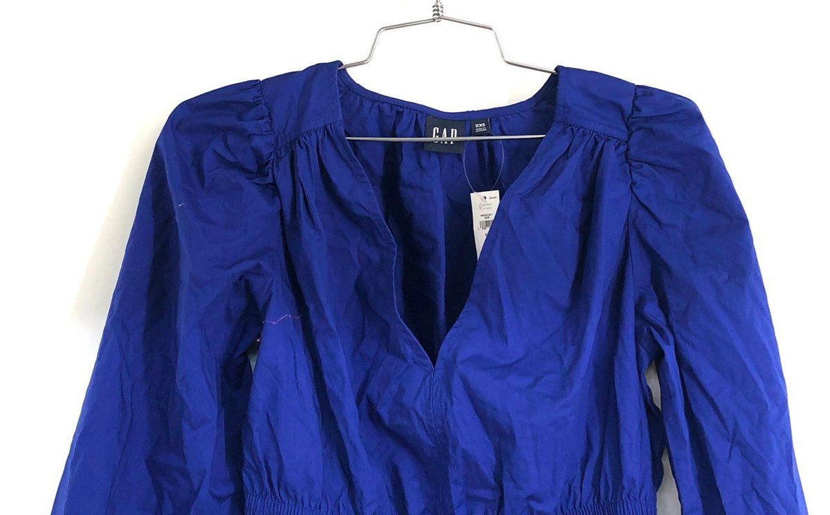 Gap Women's Blue Smocked Waist Peplum Top Puff Sleeve Cotton NWT Sz XXS