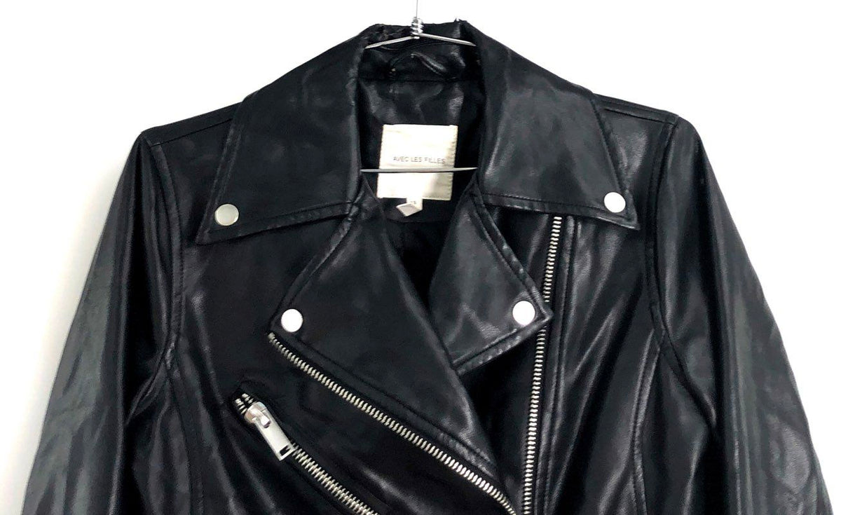 Avec Les Filles Women's Black Asymmetrical Zip Faux Leather Moto Jacket Sz XS