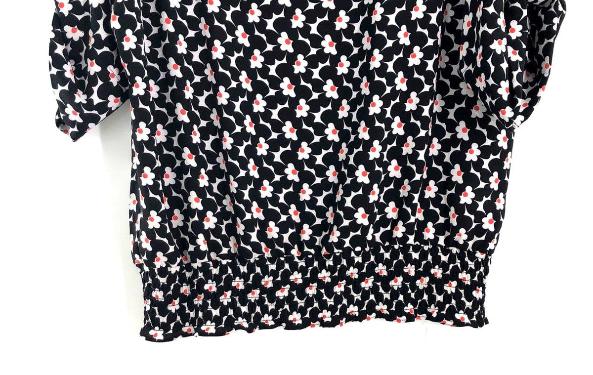 Michael Kors Women's Sangria Floral Smocked Blouse Black White Sz M NWT