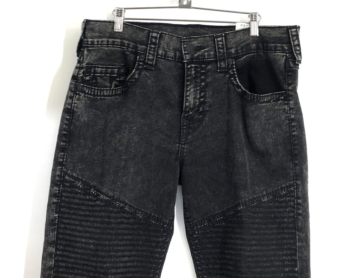 True Religion Men's Geno Relaxed Slim Moto Jeans Black Acid Wash Ribbed Sz 34