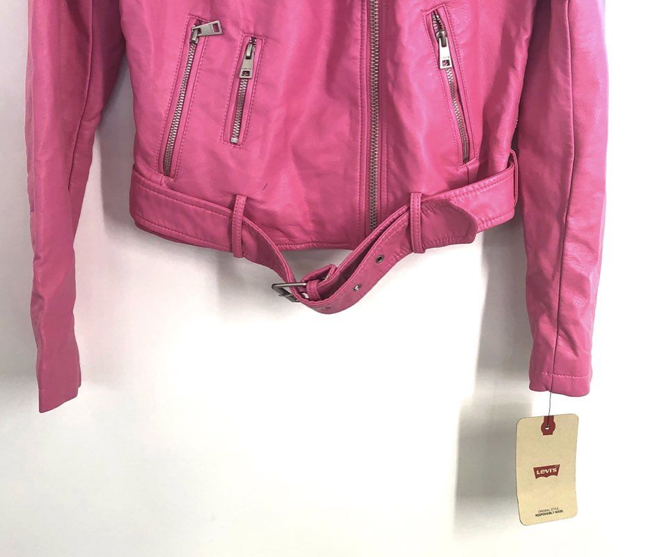 Levi Strauss Women's Pink Faux Leather Moto Biker Jacket Belted Coat Sz S NWT