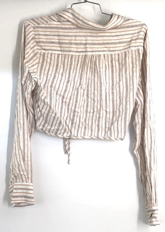Promesa Women's Tan Striped Tie Front Long Sleeve Button Down Crop Blouse Sz S