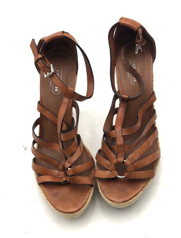 Coach Tan Leather Strappy Espadrille Platform Wedge Sandals Women's Size 7.5 B