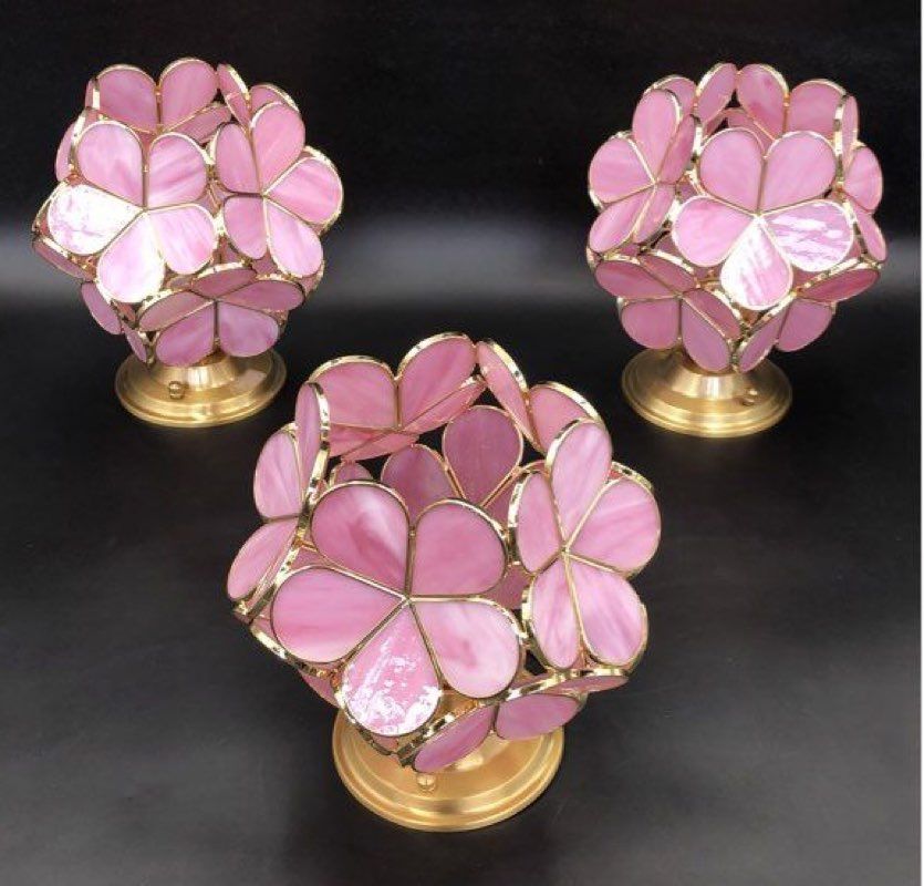 Lot of 3 Pink/Gold Tiffany Inspired Cherry Blossom Mosaic Light Fixtures