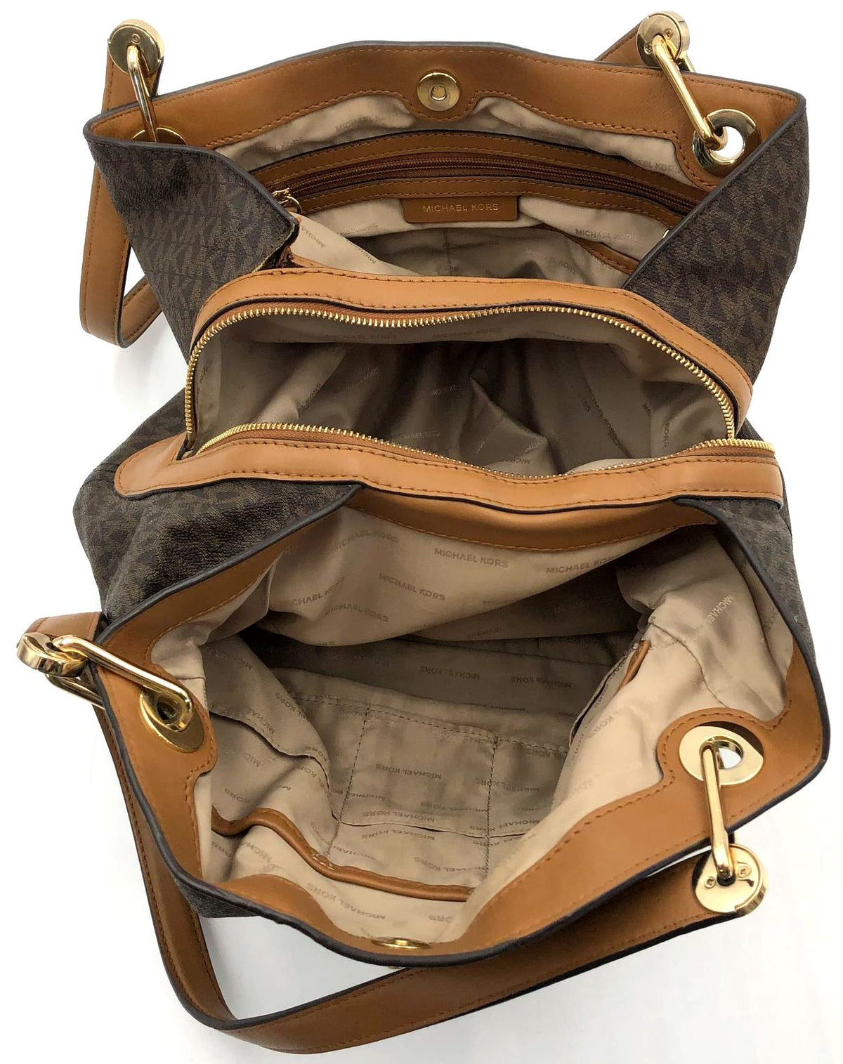 Michael Kors 'Raven' Signature Print Shoulder Bag w/ Leather Trim & Studs (+COA)