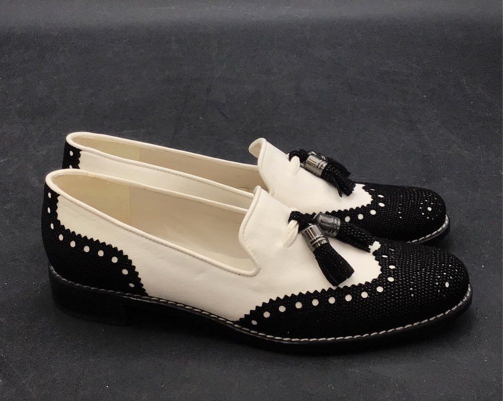Stuart Weitzman Black White Woven Tassel Brogue Loafers Womens Size 5.5 A
