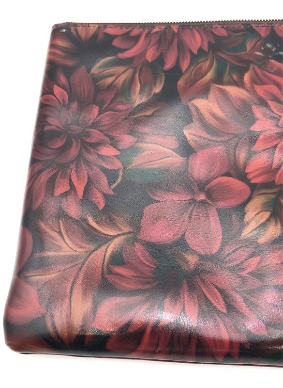 Patricia Nash Red Floral Leather Large Wristlet Pouch Clutch Bag Silver Hardware