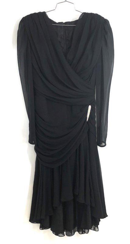 Vintage 90s Elissa Womens Black Ruched Chiffon Cocktail Dress Sz 14