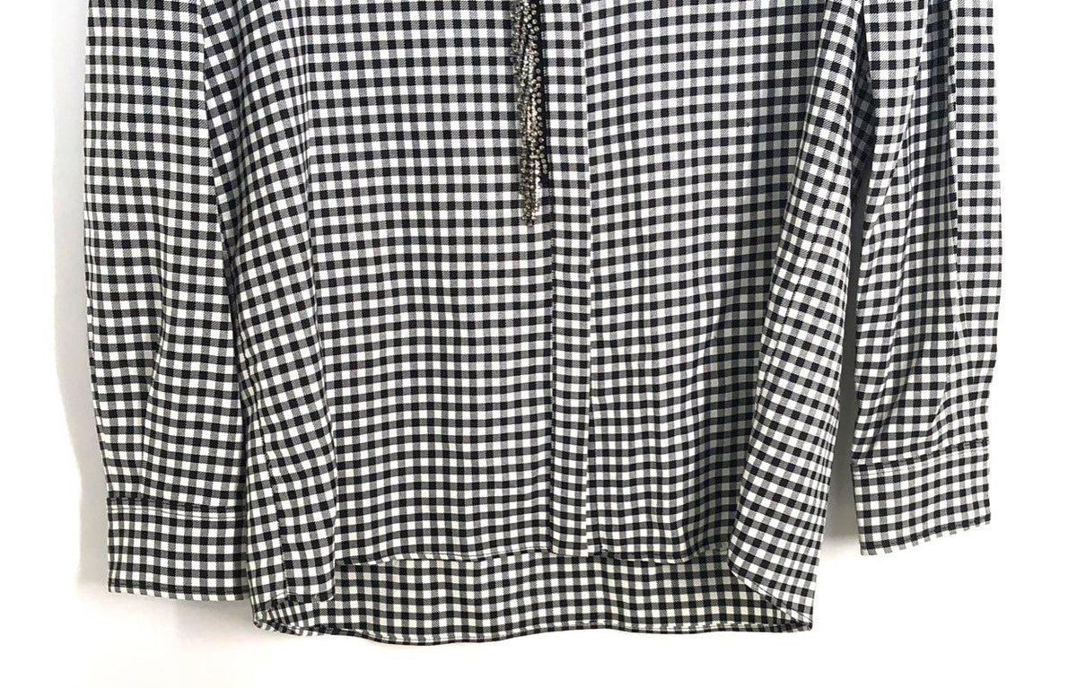 Pinko Women's Gingham Check Long Sleeve Embellished Blouse Black White Sz 4 NWT