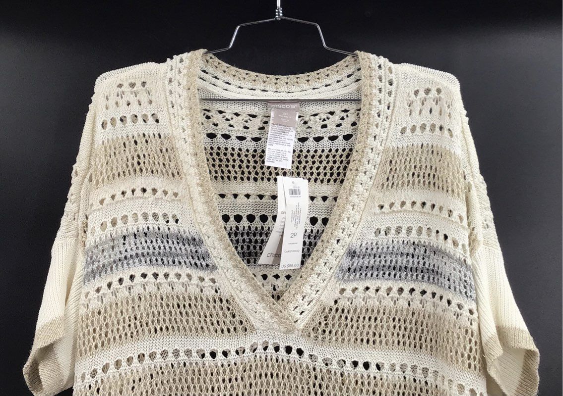 Chico's Women's Tunic Sweater Neutral Striped V-Neck Open Knit NWT Size 2P