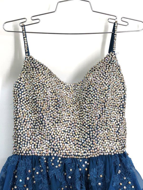 Women's Blue Formal Gown Rhinestone Bodice Tiered Chiffon High Low Dress