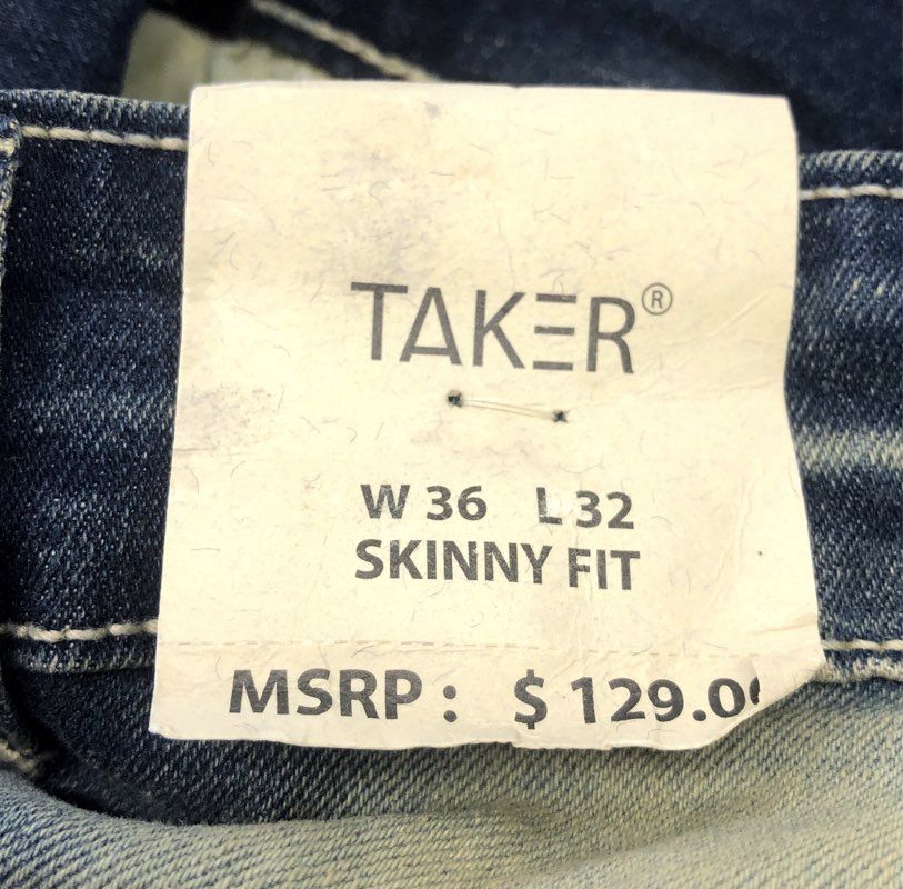 Taker Men's Skinny Fit Jeans Distressed Frayed Tiered Fringing Dark Wash 36x32