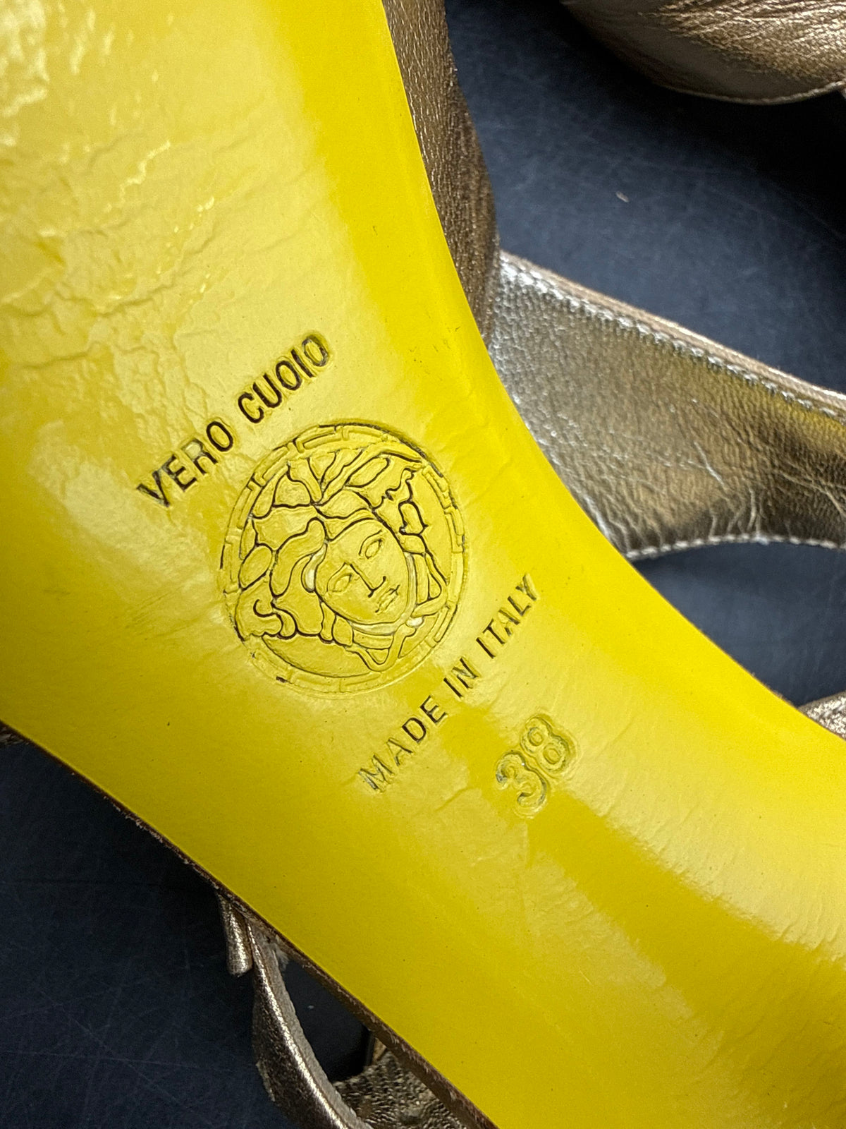 Versace Gold Leather Strappy Platform High Heel Sandals COA Size 38
