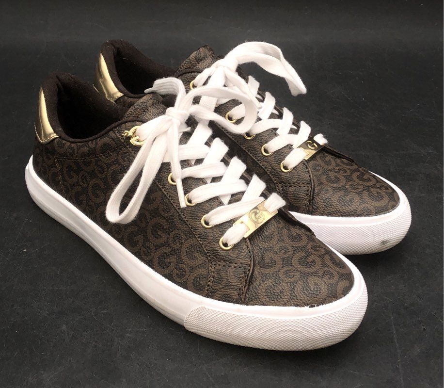 G by GUESS Lani Brown Monogram Gold Low Top Fashion Sneakers Women's Size 8
