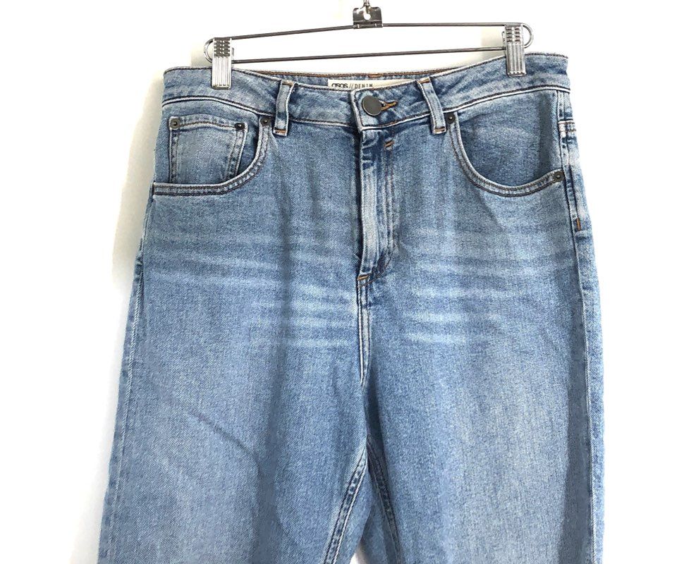 ASOS Women's Distressed Ripped High Rise Straight Leg Blue Jeans Sz 30x28