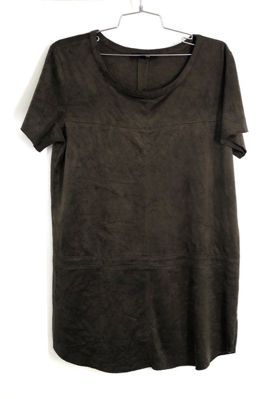 Olivaceous Women's Olive Faux Suede Short Sleeve Scoop Neck Shift Dress Sz L