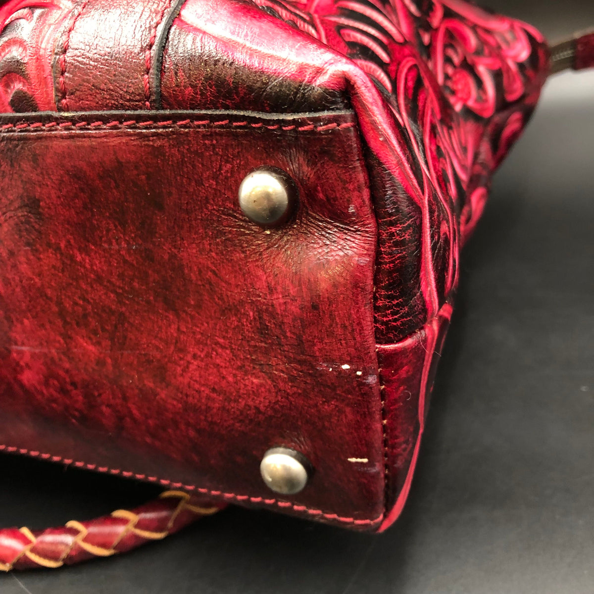 Patricia Nash Oxblood Red Tooled Leather Tote with Brushed Silver-Tone Hardware