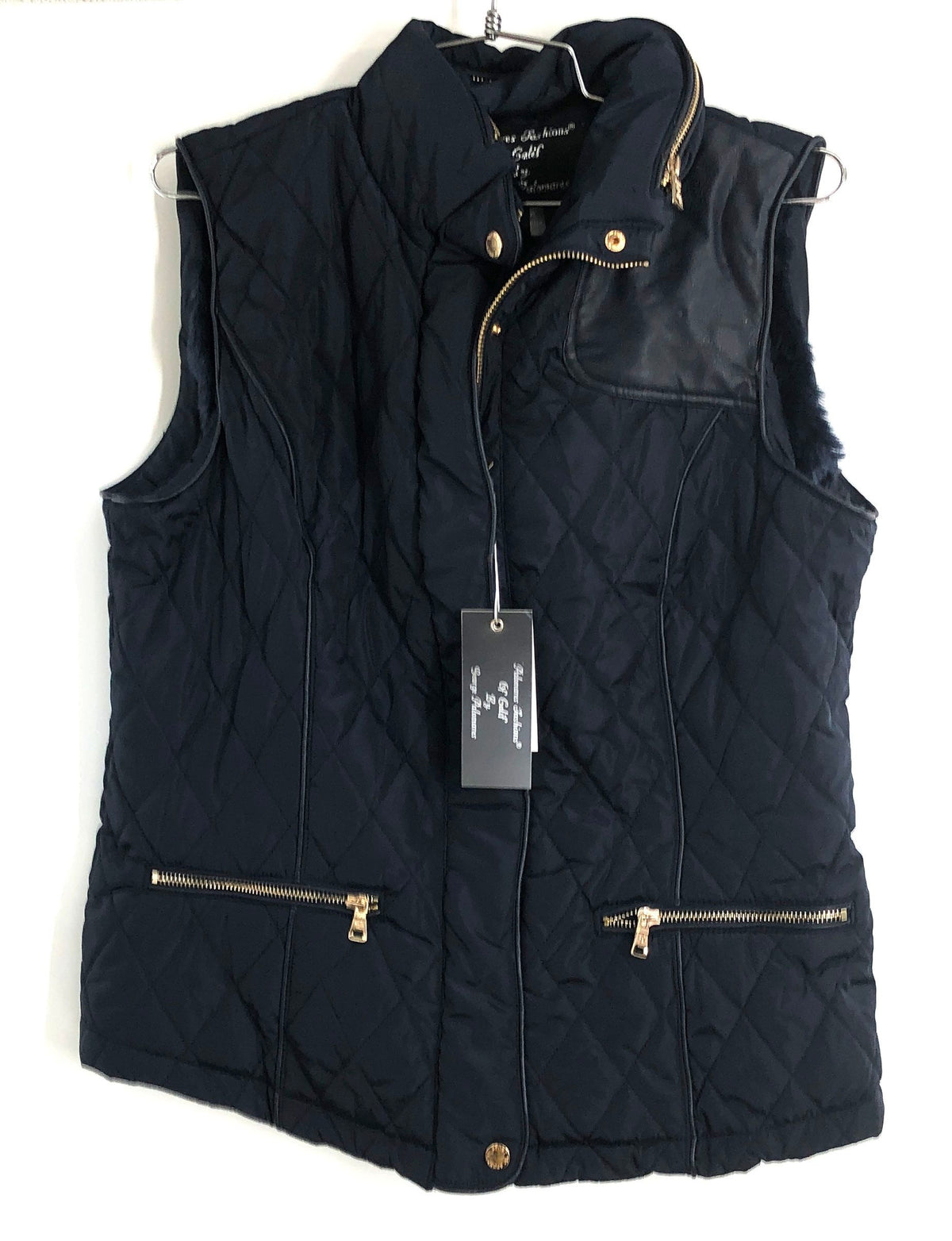 Palomares Fashions Of Calif Women's Navy Quilted Vest Faux Fur Lined NWT Sz XL